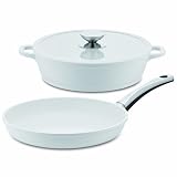 Zoom Produkt-Bild: BERNDES 095280 Jubil&auml;umsset mit wei&szlig;er Keramikversiegelung, Schmorkasserolle mit Silikonglasdeckel und Bratpfanne, 28 cm, wei&szlig;