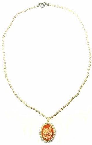 Beautiful, Flower Cameo, Freshwater Pearl, Necklace, 18 Inches, 925 Sterling Silver, Carnelian Conch Shell, Master Carved, One of a Kind, Great Gift,