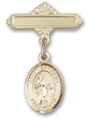 14K Gold Baby Badge with St. Zachary Charm and Polished Badge Pin
