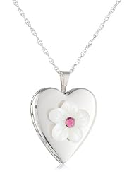 Sterling Silver Mother-Of-Pearl Flower Heart Locket Pendant Necklace , 18"