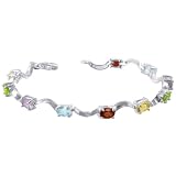Sterling Silver 4 x 6mm Oval Multicolor Cubic Zirconia Link Bracelet 7 inch Long with Lobster Clasp