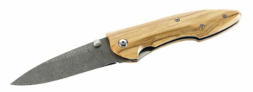 Fox Damaszener-Einhandmesser, 364 Lagen Damasteel, rostfrei, Olivenholz-Griffschalen, Nylonetui