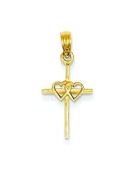 14K Yellow Gold Double Heart Cross Pendant Charm