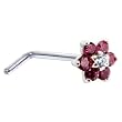 Solid 14KT White Gold Red and Clear Cubic Zirconia Flower L-Shaped Nose Ring - 20 Gauge