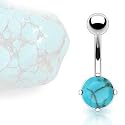 316L Surgical Steel Prong Set Belly Ring with Solid Semi Precious Stone - Turquoise - 14G, 3/8" (10 mm) - Sold Individually