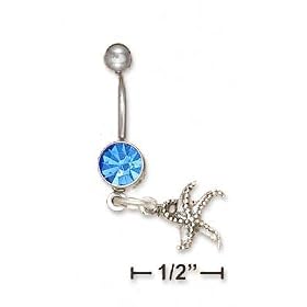 Sterling Silver Belly Ring With Sapphire Gem Stone Star Fish Dangle by 