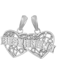 14k White Gold Necklace Charm Pendant, Best Friend Breakable Double Hearts With