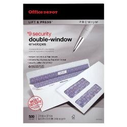 Office Depot100% Recycled Lift Press(TM) Double-Window Envelopes, #9 (3 7/8in. x 8 7/8in.), White, Pack Of 500, 76169
