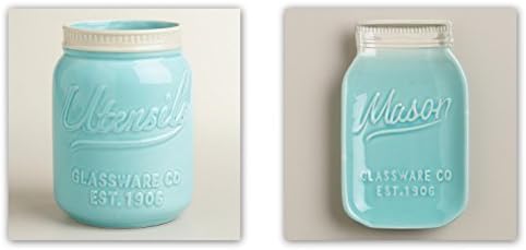 Mason Jar Ceramic Set (Aqua/blue): Utensil Crock and Spoon Rest by CPWM