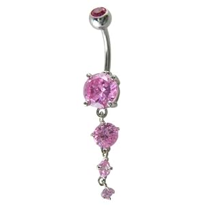 Pink Crystal CZ Dangle Belly Button Ring Bar Silver - 4 Tier Diamond Droplet Navel Ring