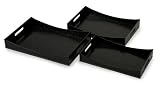 Set of 3 Glossy Black Faux Crocodile Finish Serving Trays With Handles