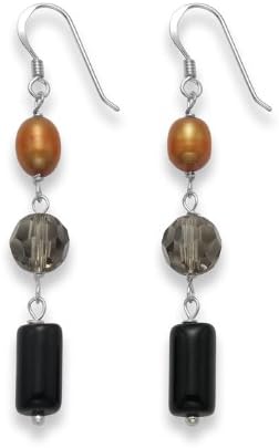 Heather Needham, Sterling Silver Onyx, Smokey Quartz & Bronze Freshwater Pearl Drop - Size: 40mm X 7mm
