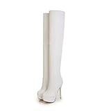 WeenFashion Women's Close Round Toe Platform Solid Stiletto Heels PU and Nappa Above the Knee Boots, White, 7 B(M) US