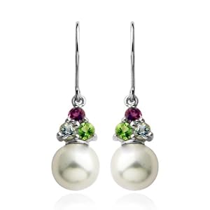 Rhodium Overlay Sterling Silver Genuine White Shell Pearl, Blue Topaz, Peridot, and Amethyst Drop Earrings</span>&nbsp;<span style=