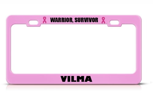 Vilma Warrior Proud Survivor Cancer Ribbon Soft Pink Metal License Plate Frame Tag Border