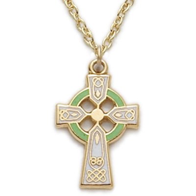 Gold Fill Jewelry on 14k Gold Filled 5 8    Engraved Celtic Cross Necklace With Green