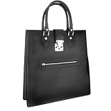 L.A.P.A. Front Zip Calf Leather Large Tote Handbag Black