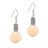Iridescent Genuine Freshwater Cultured Pink Coin Pearl Sterling Silver .925 Bali Bead Round Dangle Hook Earrings