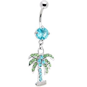 Aquamarine CUBIC ZIRCONIA Paved PALM TREE Dangle Belly Ring