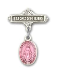 Sterling Silver Baby Badge with Pink Miraculous Charm and Godchild Badge Pin