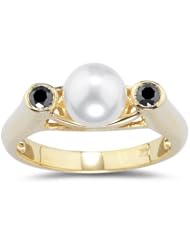 0.21 Cts Black Diamond & 7 mm Pearl Ring in 14K Yellow Gold