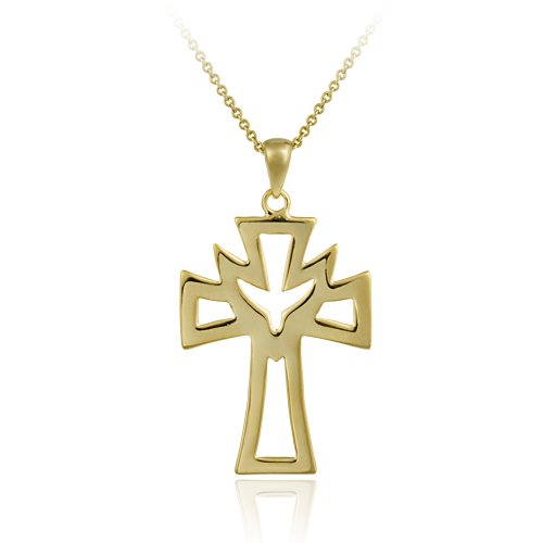 18k Yellow Gold Plated Sterling Silver Open Cross and Dove Pendant, 18