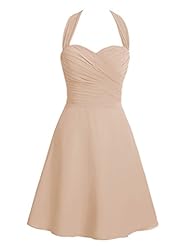 Knee Length Short Halter  Lace 2015 Chiffon Evening Dress/Bridesmaid Dress  With Ruffles