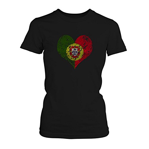 EM 2016 I Love Portugal – Damen T-Shirt von Fashionalarm | Shirt für Fußball Fans | Print im Vintage Destroyed Used Look | Europameisterschaft Europameister Trikot Herz, Farbe:schwarz;Größe:XL