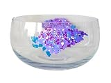 ArtisanStreet's Clear Crystal Serving Bowl. Hand Painted in Floral Design of Blue Hydrangeas & Lilacs. One of a Kind, Signed by Artisan