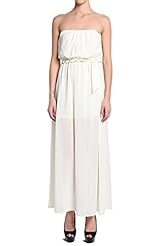 Strapless Polyester Belted Pleated Maxi Dress 