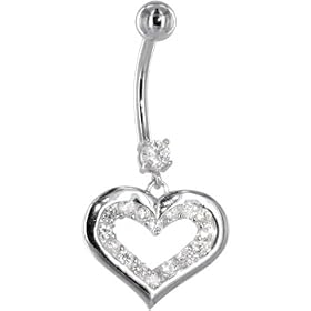 Solid 14KT White Gold Cubic Zirconia ENCASED HEART Dangle Belly Ring by 