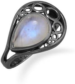 Oxidized Pear Rainbow Moonstone Ring, Size 8