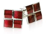 Ribbed Four Piece Red Enamel Square Silver Cufflinks with Presentation Box