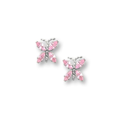 Sterling Silver Children's Pink Cubic Zirconia Butterfly Earrings