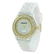 White Silicone Ceramic Style Wrist Watch Small Face Surrounded with Gold Bezel and Sparkly Rhinestones