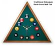 Mahogany Triangle Billiard Clock Dk Green Mali Felt