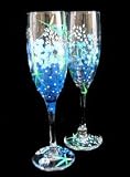 Texas Bluebonnets Design - Hand Painted - Matching Set of Toasting Flutes - 6 oz.