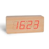 New Red LED White Wood Alarm Clock Thermosta Desk Calendar Unique Design Sound Control