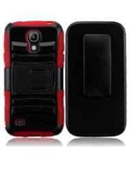 VMG 4-In-1 Car Charger Combo for Samsung Galaxy S4 Mini i9190 / i9192 (AT&T, Sprint, Verizon, US Cellular) cell phone Hybrid PC+Silicone Built-In Kickstand Case with Compatible Belt Clip Holster Cover - Red + LCD Clear Screen Saver Protector + Premium Car Charger