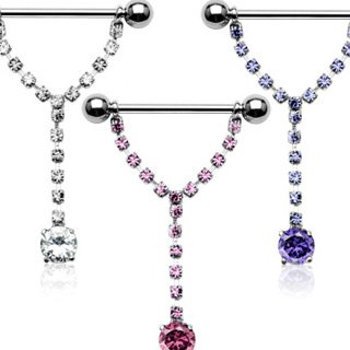 Pair of 14g CZ Solitare CLEAR set only 16mm - Dangle Nipple Bar Shield Ring Barbell