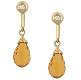 Citrine Briolette and Bezel Set Diamond Dangle Earrings Diamond .06cttw