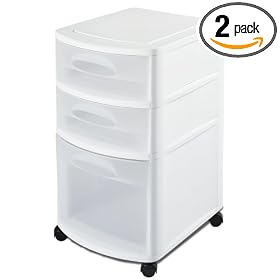 Sterilite 37128002 3 Drawer Cart White with See-Through Drawers and Black Casters 2-Pack
