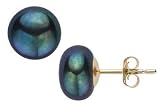 9 - 9.5mm Black Button Cultured Pearl 14K Gold Earrings