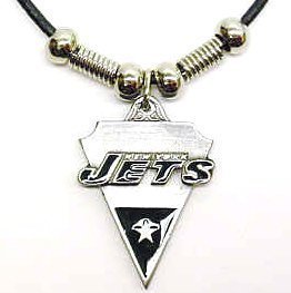 New York Jets Leather Necklace w/Beads & Pewter Pendant - NFL Football Fan Shop Sports Team Merchandise