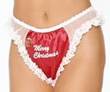 Sexy Plus size Red Crotchless Panty Satin Lace Sheer Santa Christmas
