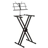 Black Height Adjustable High Quality X Frame Keyboard Stand With Integral Sheet Music Holder. Maxim