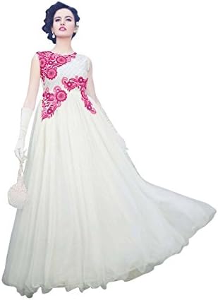 Whatshop Women's Bollywood Designer Embroidered Heavy Long Gown Free Size White