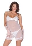 2 PC. Sheer chemise with lace front, satin bow detail. (PC-79003) 2 PC. Sheer chemise with lace front, satin bow detail, chiffon trim, adjustable straps, and matching thong. Color: White. Size: One Size.
