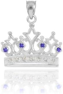 Dainty 10k White Gold Blue Sapphire and Diamond Tiara Charm Crown Necklace Pendant