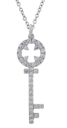 Platinum Plated Sterling Silver White Cubic Zirconia Open Cross Key Pendant, 16 + 2″